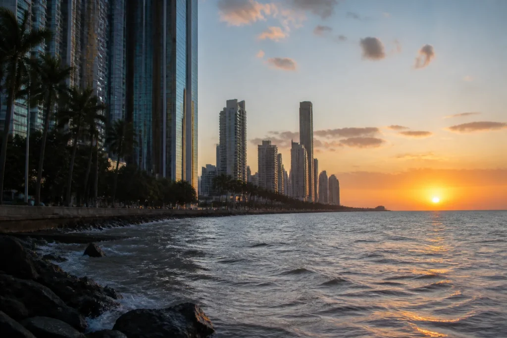 Glazen wolkenkrabbers en palmbomen langs een kustlijn bij zonsondergang