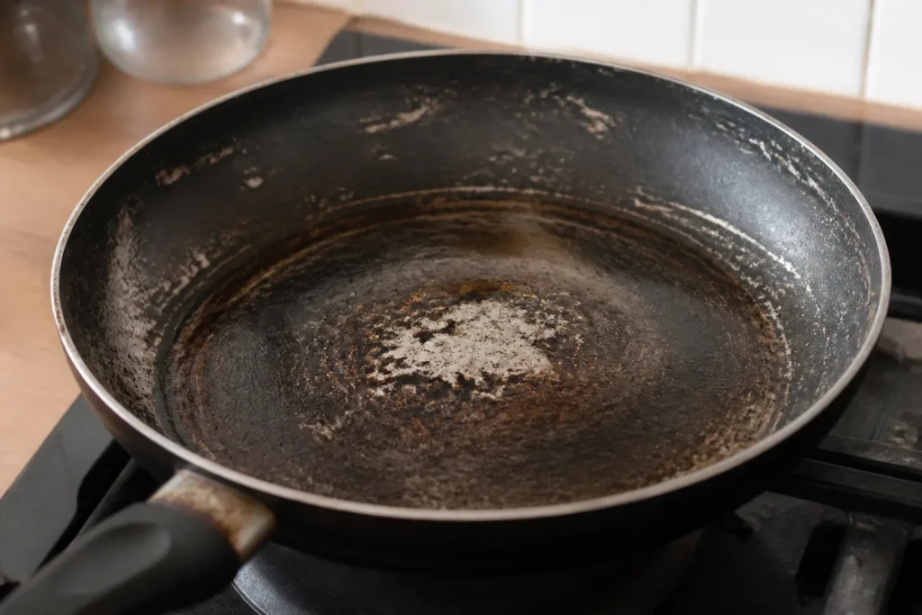 Oude koekenpan met beschadigde antiaanbaklaag en verbrande resten