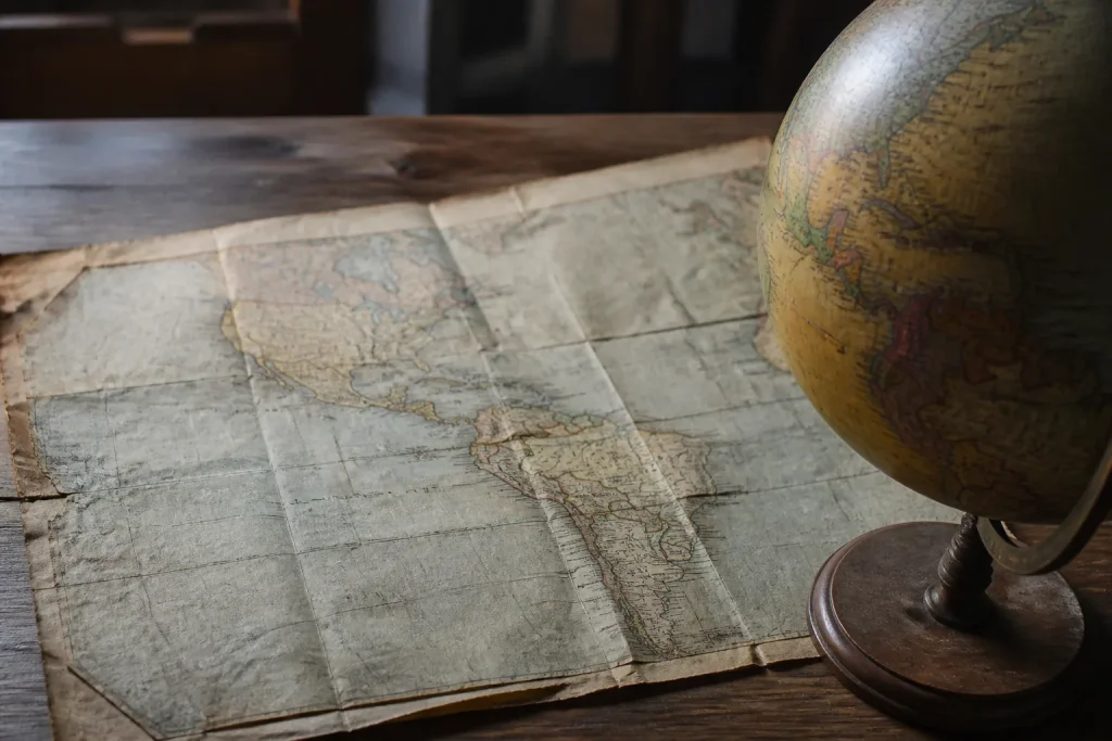 Oude zeekaart met Amerika naast een globe
