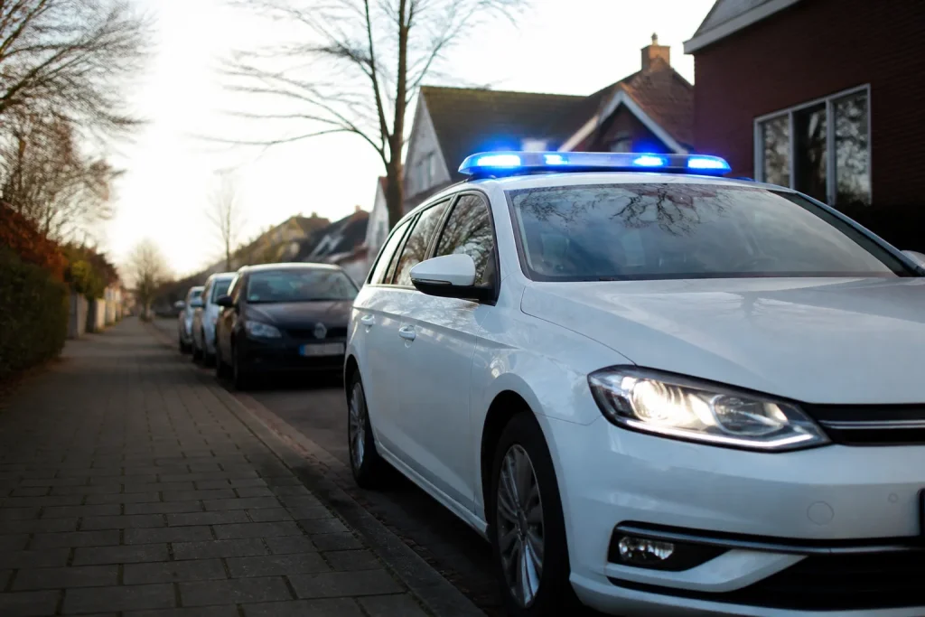 Politiewagen met zwaailichten in een rustige straat