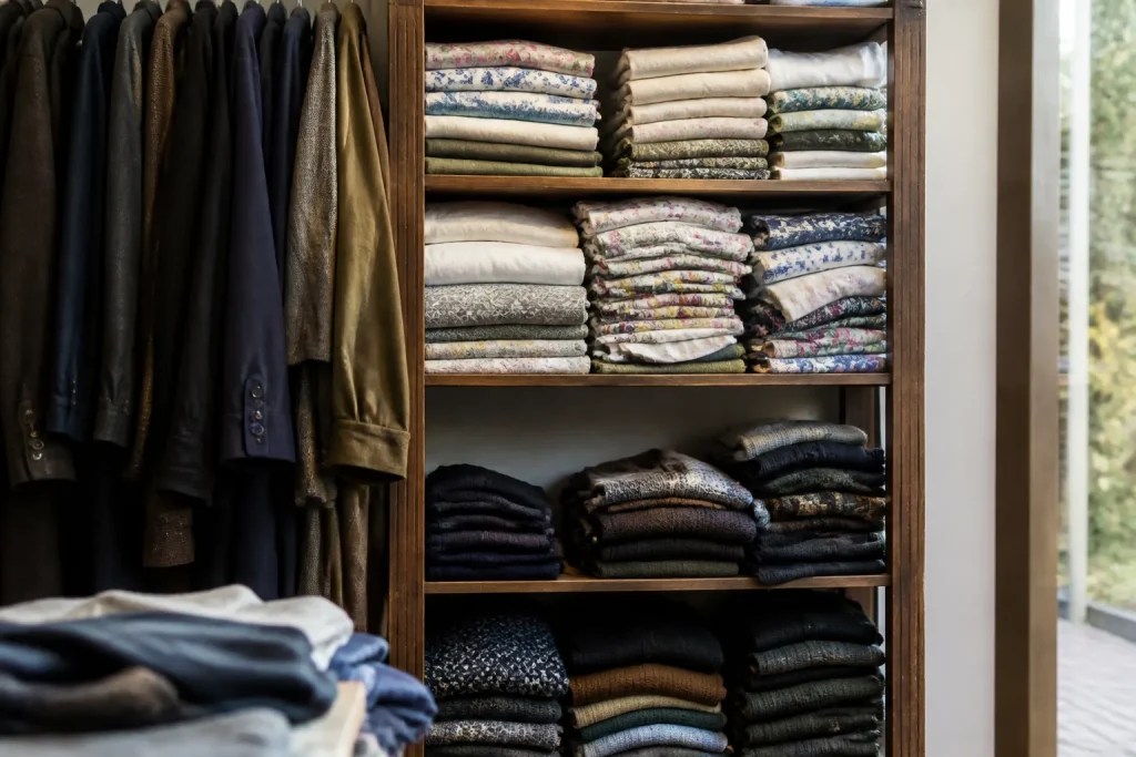 Rek met kleding en gevouwen tafelkleden in winkel