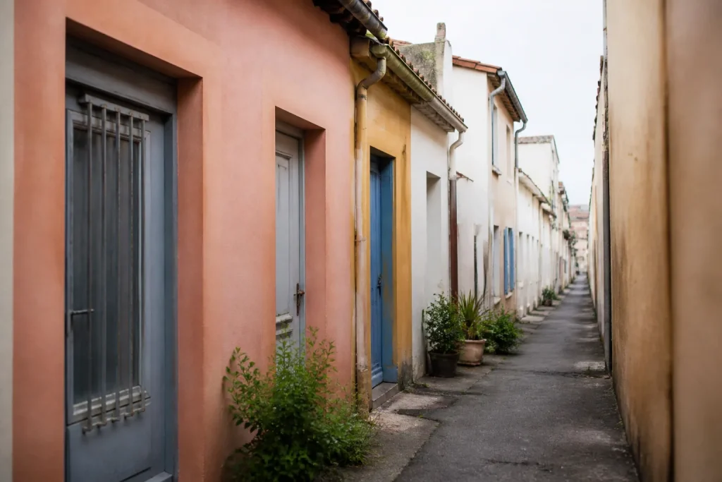 Smalle straat met kleurrijke gevels in een Franse havenwijk